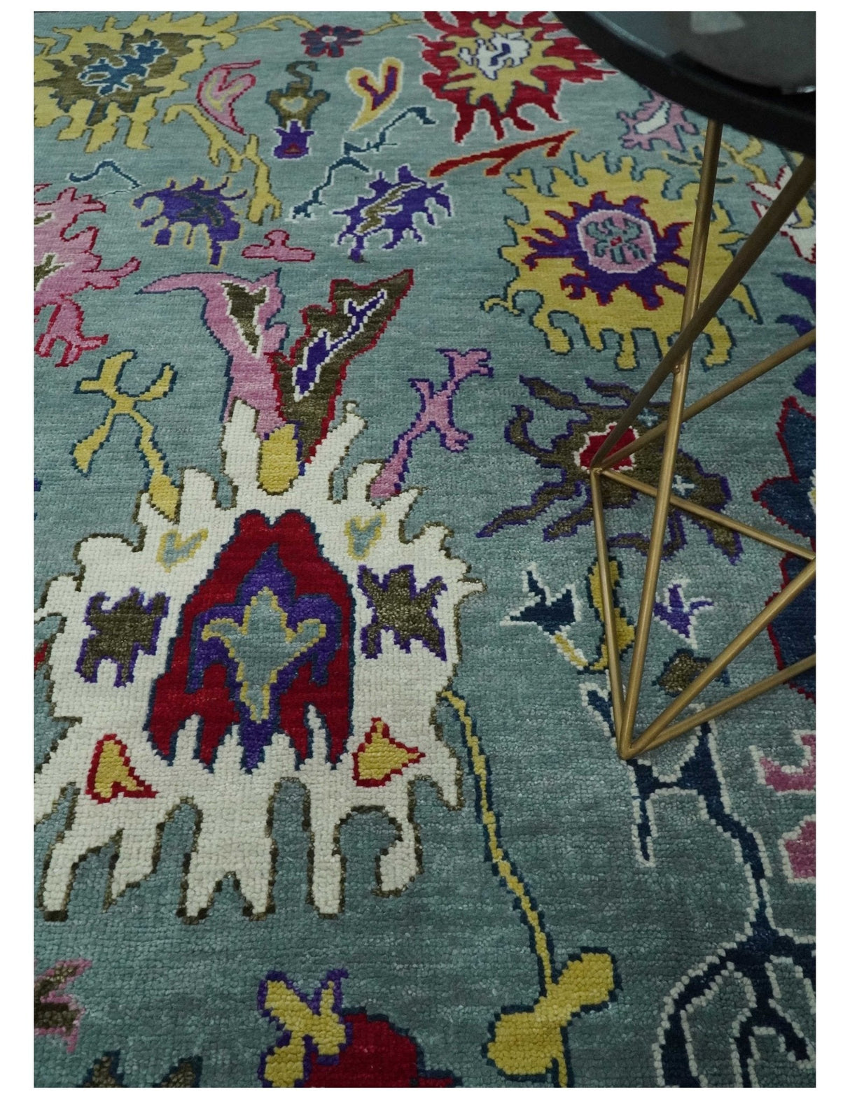 Vibrant colorful Gray And Ivory Hand Knotted Traditional Oushak wool Area Rug