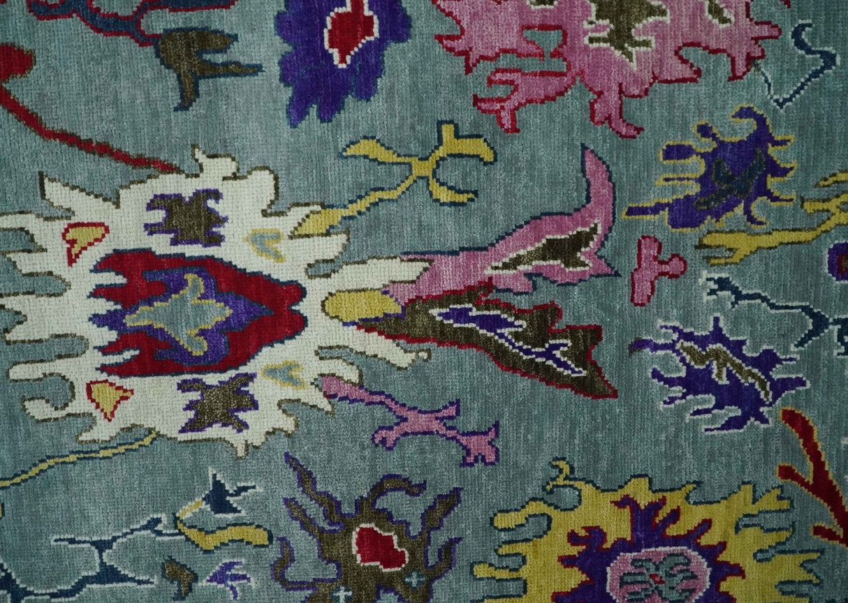 Vibrant colorful Gray And Ivory Hand Knotted Traditional Oushak wool Area Rug