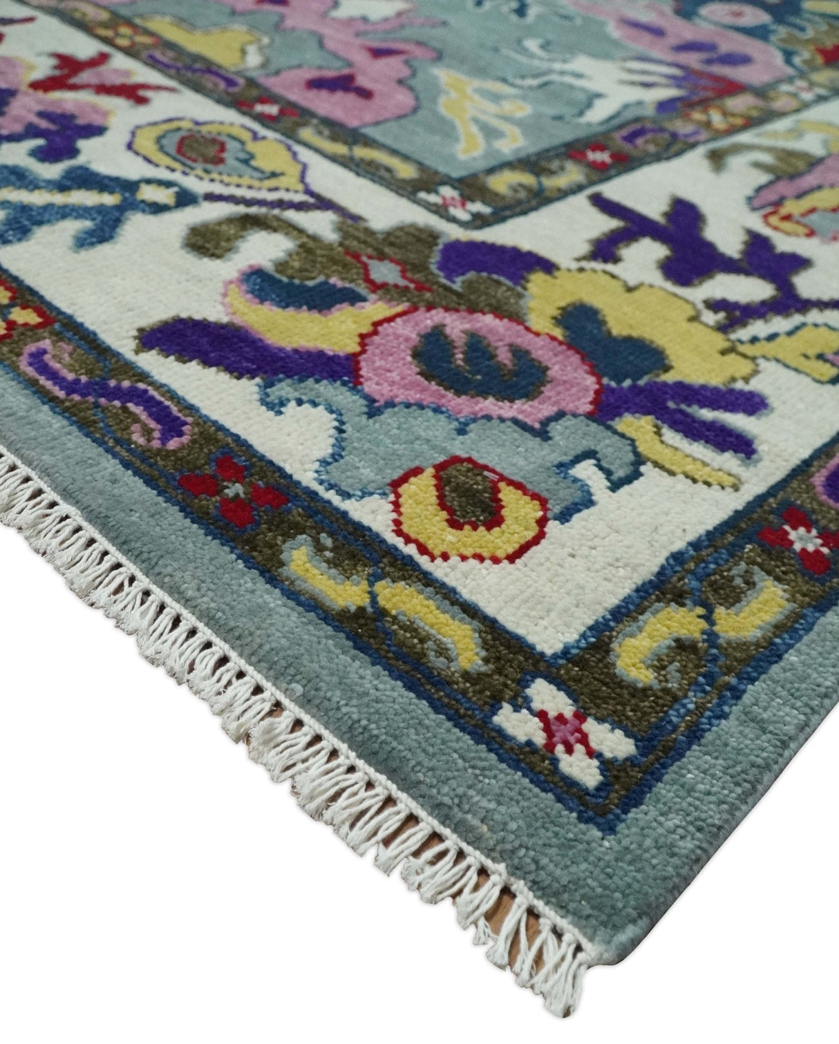 Vibrant colorful Gray And Ivory Hand Knotted Traditional Oushak wool Area Rug