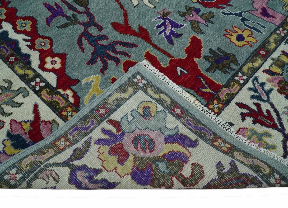 Vibrant colorful Gray And Ivory Hand Knotted Traditional Oushak wool Area Rug