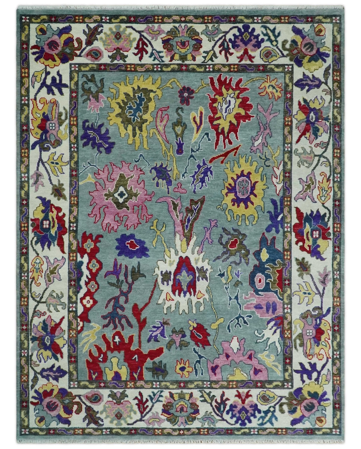 Vibrant colorful Gray And Ivory Hand Knotted Traditional Oushak wool Area Rug