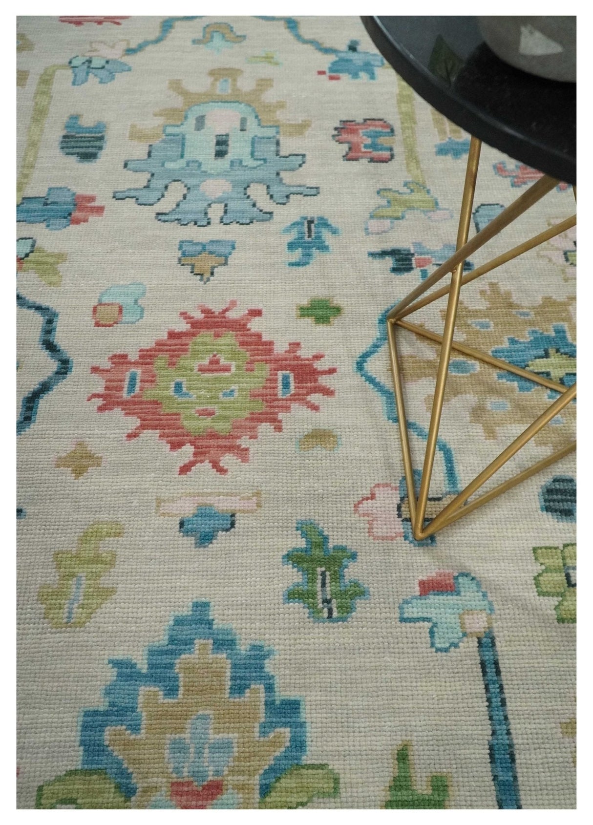 Vibrant Colorful Ivory and Aqua Hand Knotted Traditional Oushak Multi Size Wool Area Rug, Living Room Rug