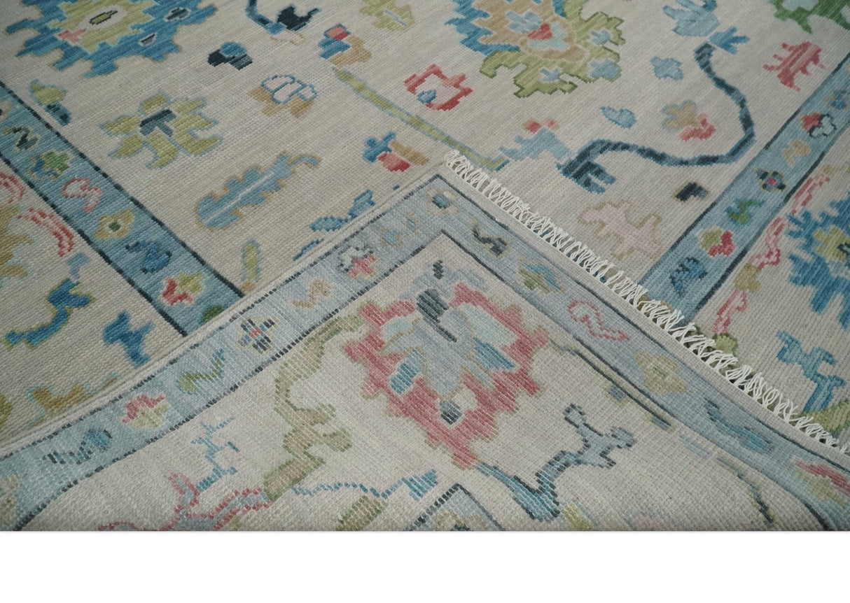 Vibrant Colorful Ivory and Aqua Hand Knotted Traditional Oushak Multi Size Wool Area Rug, Living Room Rug