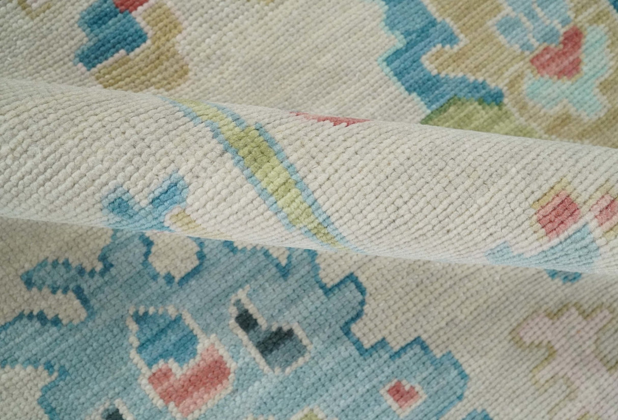 Vibrant Colorful Ivory and Aqua Hand Knotted Traditional Oushak Multi Size Wool Area Rug, Living Room Rug