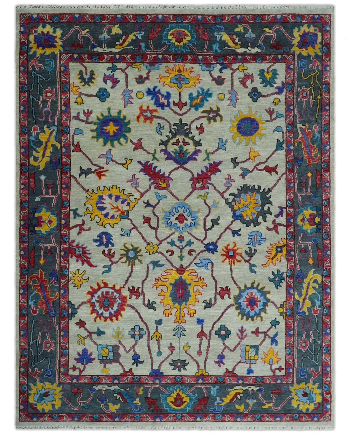 Vibrant colorful Ivory and Charcoal Hand Knotted Traditional Oushak Multi size Wool area Rug