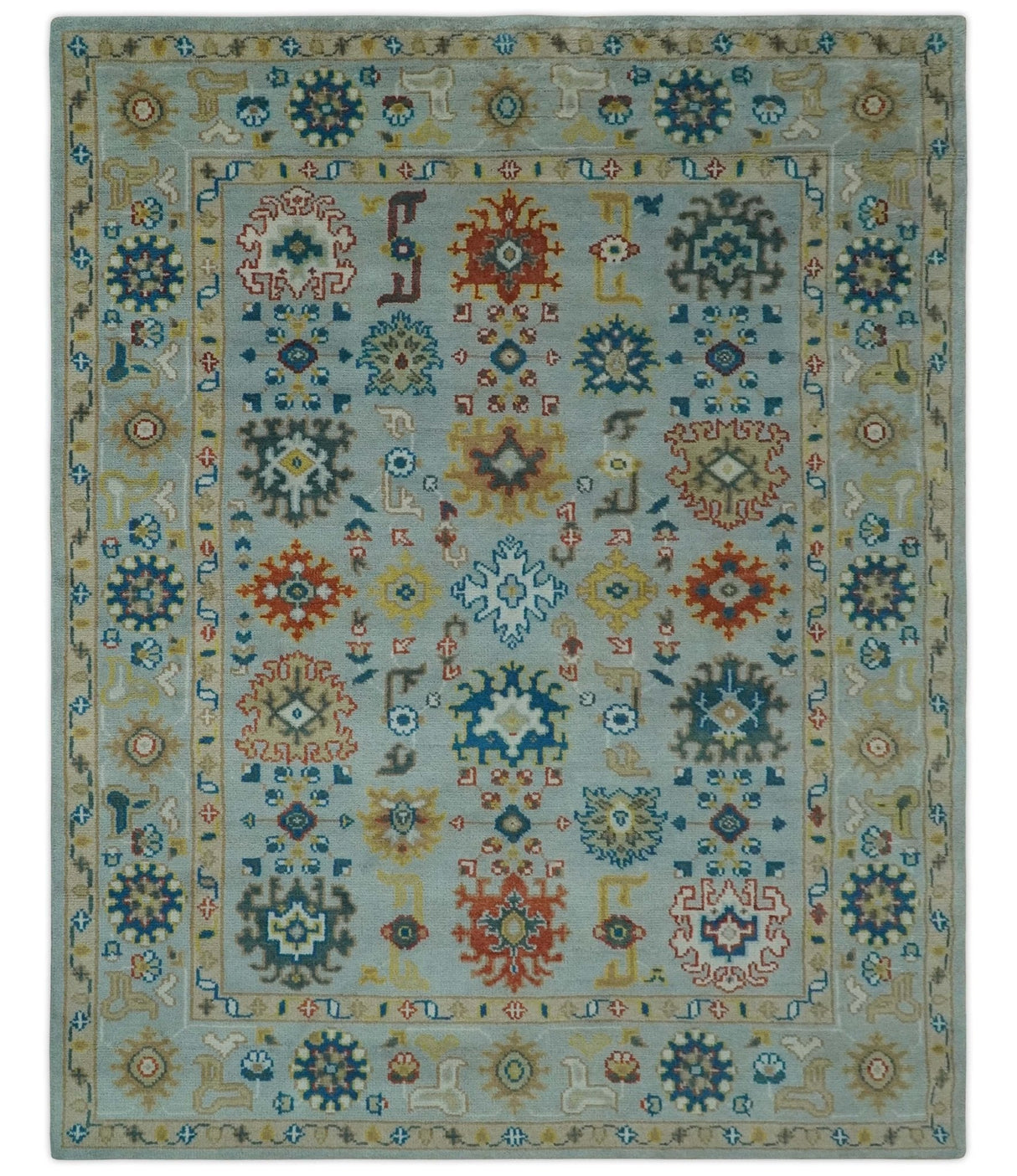 Vibrant Colorful Light Blue, Mustard, Brown and Blue Hand Knotted Traditional Oushak Multi Size wool Area Rug