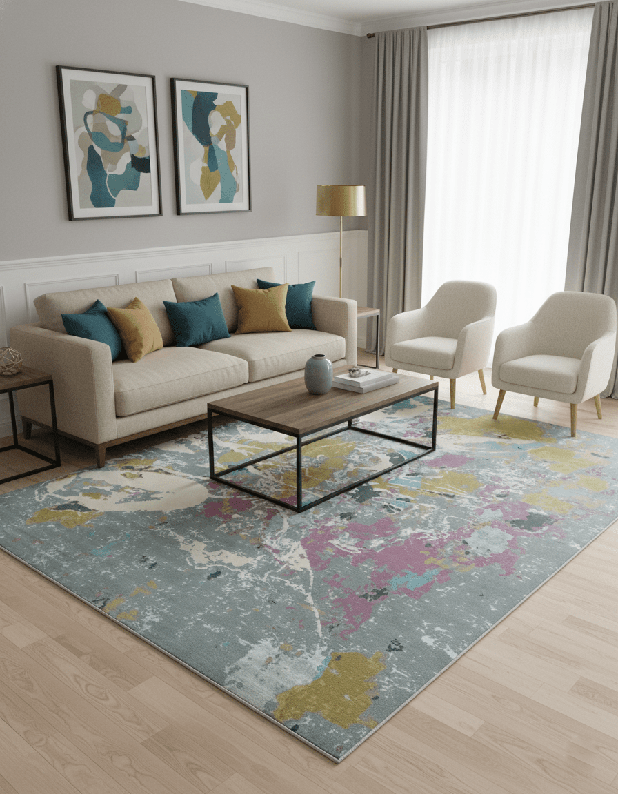 Vibrant Colorful Modern Abstract Gray, Olive, Purple and Ivory Hand knotted 10x14 and 12x15 wool Area Rug