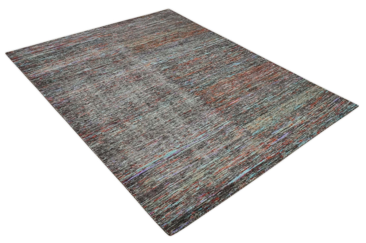 Vibrant Colorful Rust, Violet, Charcoal, Silver and Aqua Modern Abstract Flat Woven 8x10 wool Area Rug