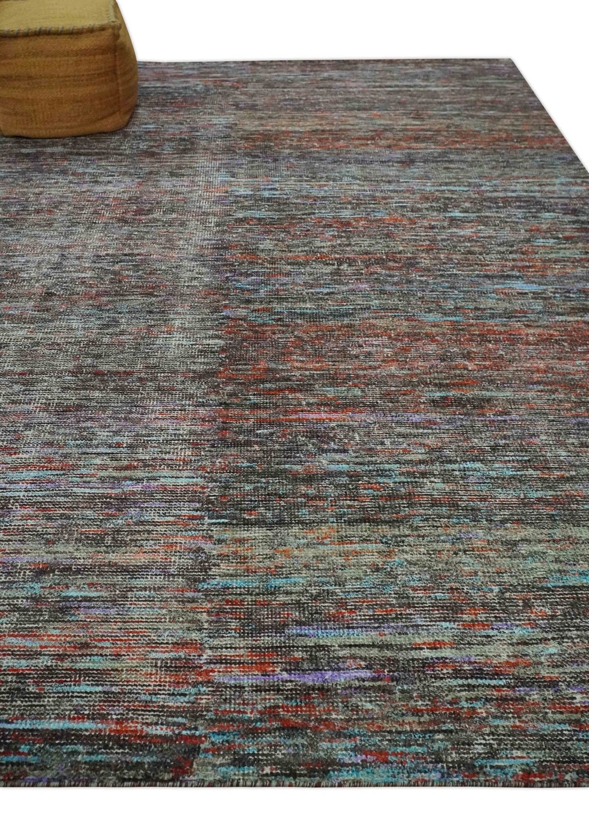 Vibrant Colorful Rust, Violet, Charcoal, Silver and Aqua Modern Abstract Flat Woven 8x10 wool Area Rug