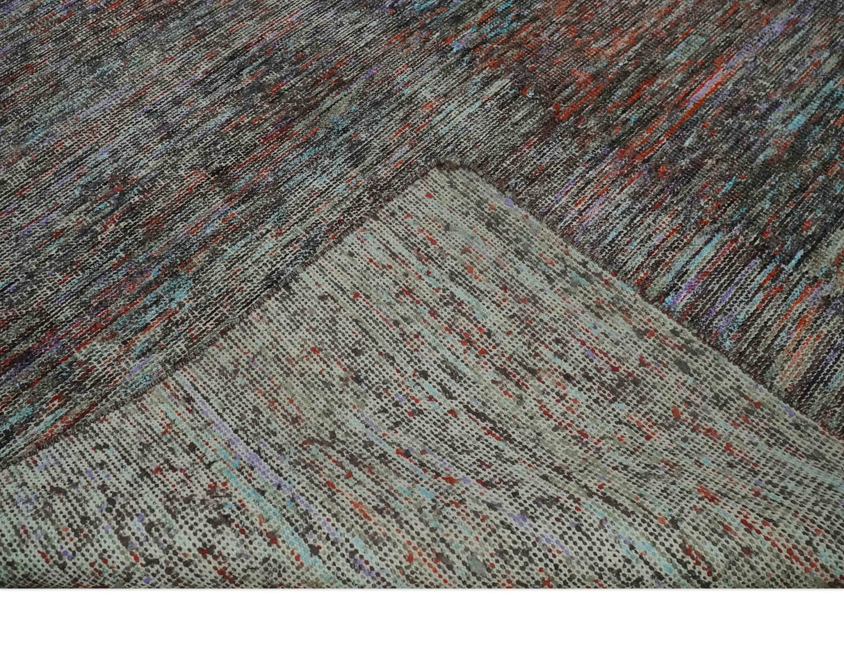 Vibrant Colorful Rust, Violet, Charcoal, Silver and Aqua Modern Abstract Flat Woven 8x10 wool Area Rug