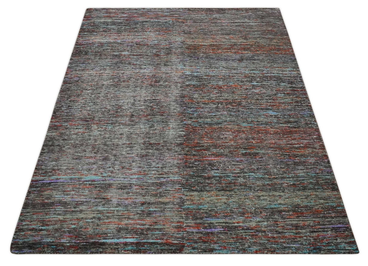 Vibrant Colorful Rust, Violet, Charcoal, Silver and Aqua Modern Abstract Flat Woven 8x10 wool Area Rug