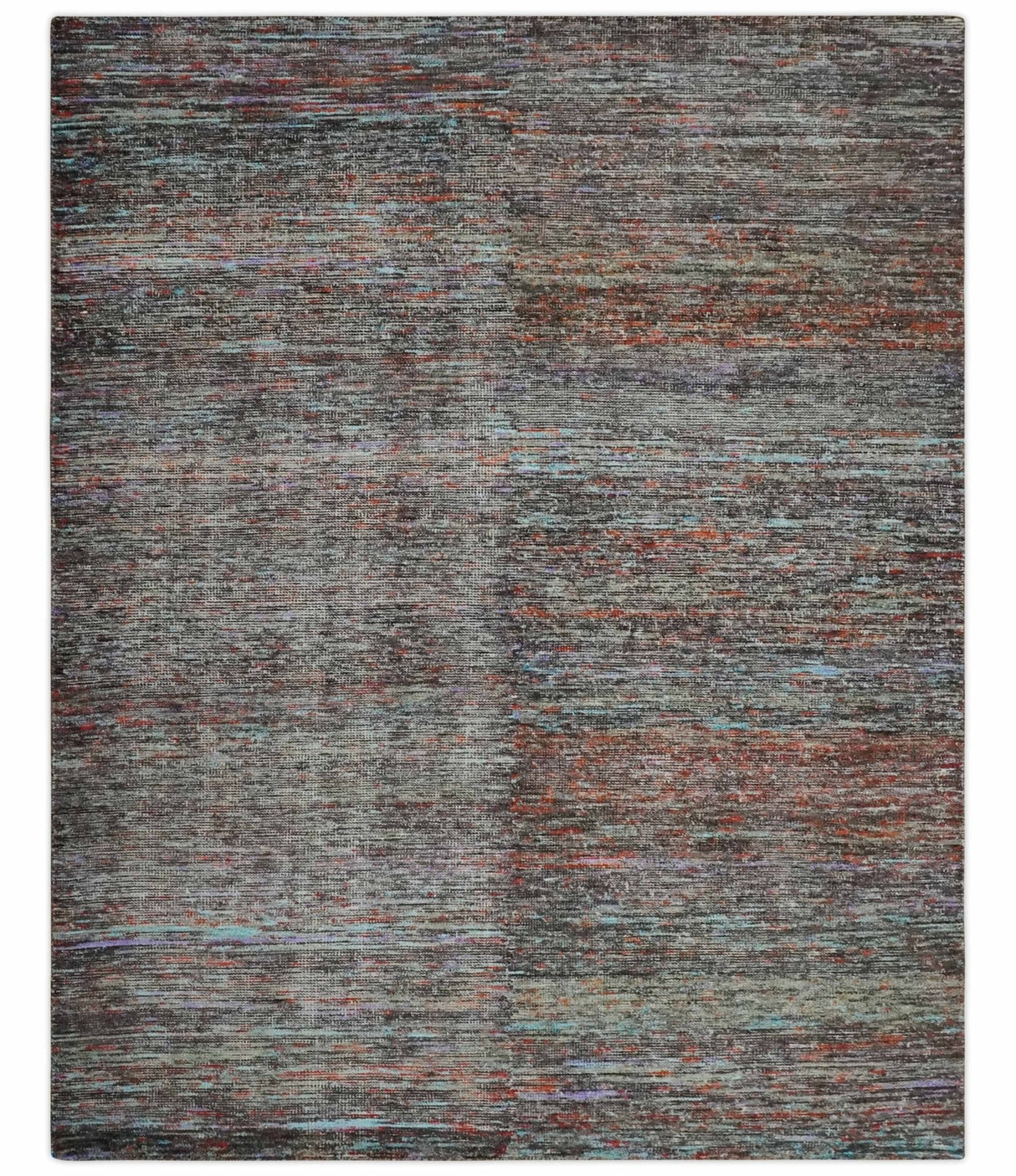 Vibrant Colorful Rust, Violet, Charcoal, Silver and Aqua Modern Abstract Flat Woven 8x10 wool Area Rug