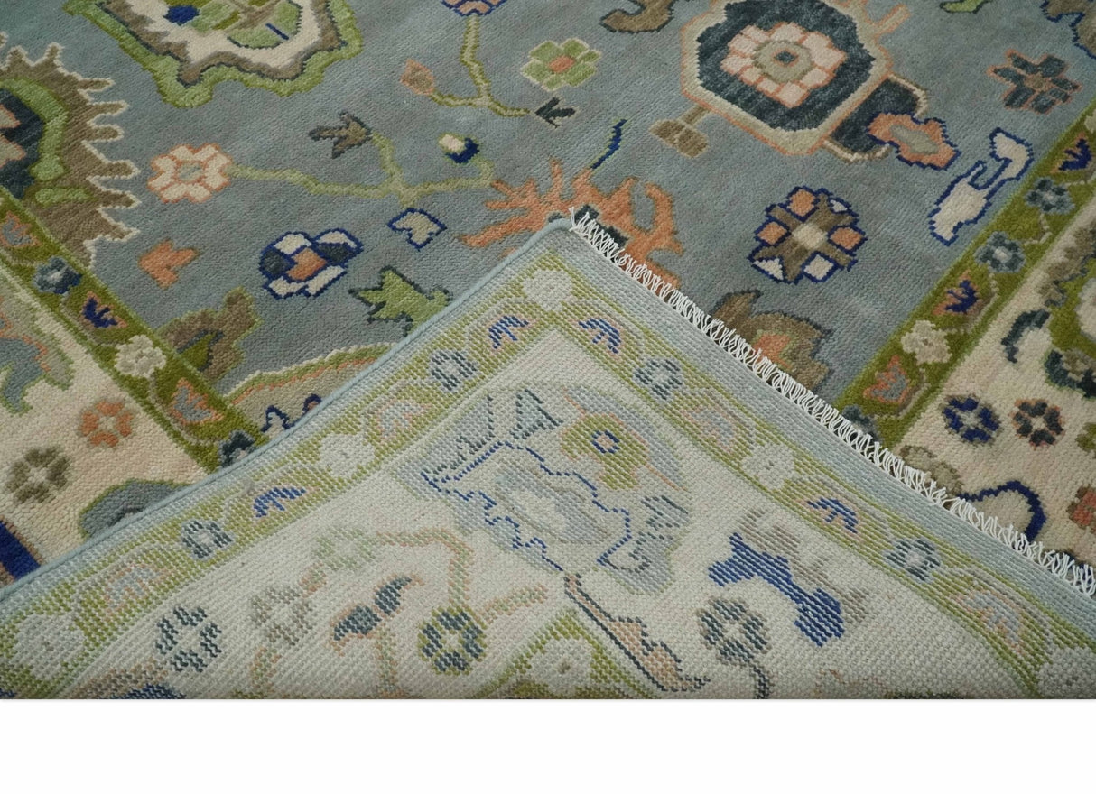 Vibrant Colorful Silver, Green and Light Peach Hand knotted Oushak wool Area Rug