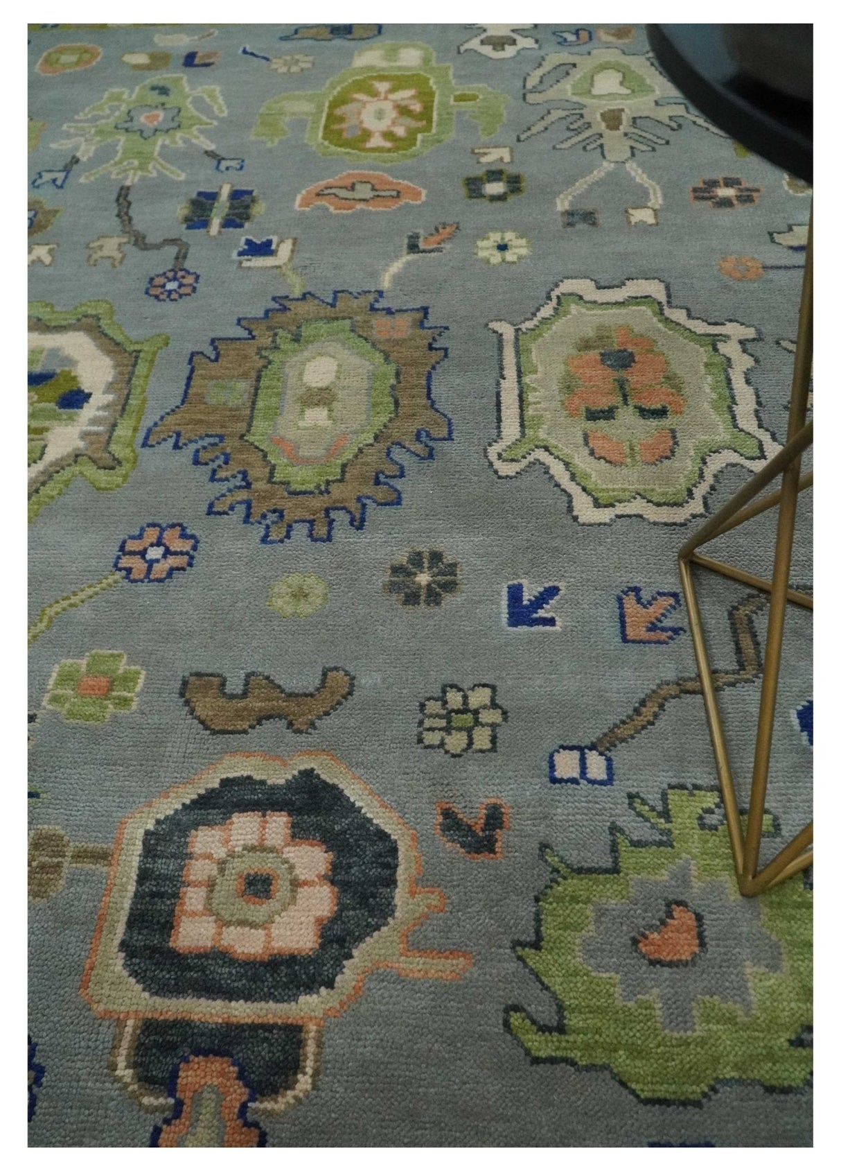 Vibrant Colorful Silver, Green and Light Peach Hand knotted Oushak wool Area Rug
