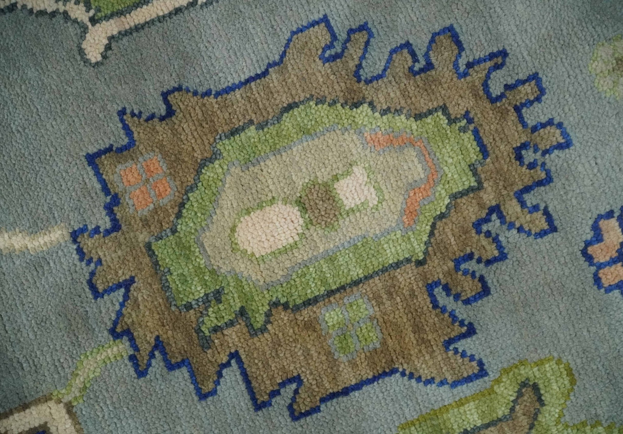 Vibrant Colorful Silver, Green and Light Peach Hand knotted Oushak wool Area Rug