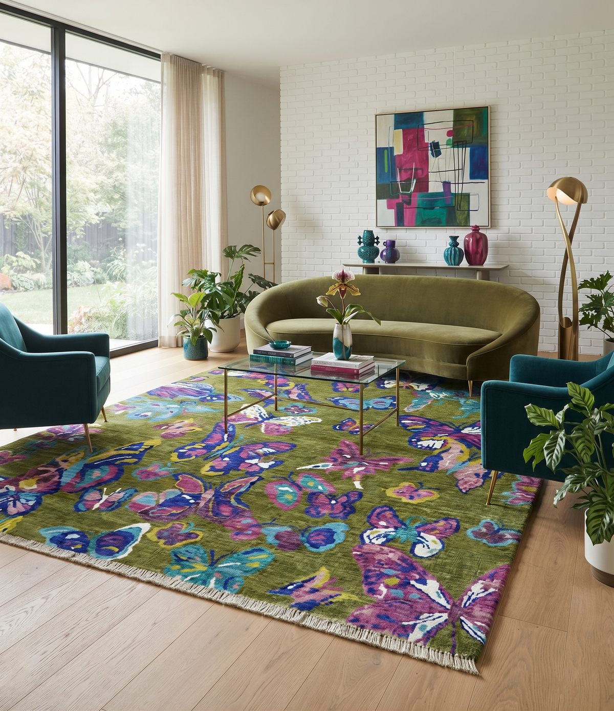 Vibrant Garden of Butterfly Green and Purple Hand knotted Multi size wool Area Rug