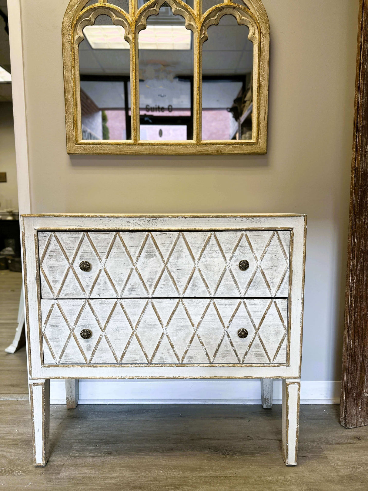 Vintage Dresser with Diamond Pattern in White and Gold-Dresser-Parc Decor