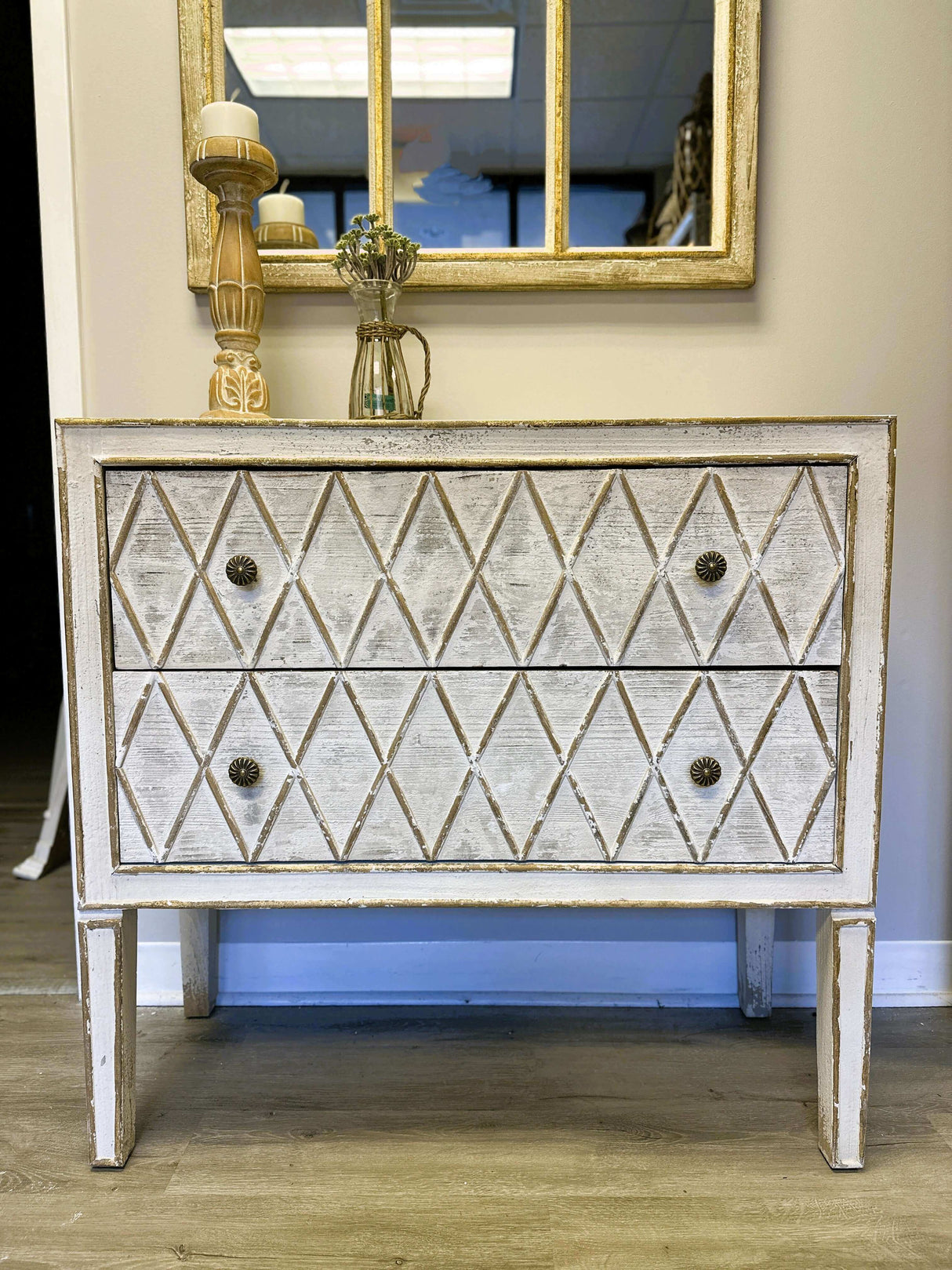 Vintage Dresser with Diamond Pattern in White and Gold-Dresser-Parc Decor