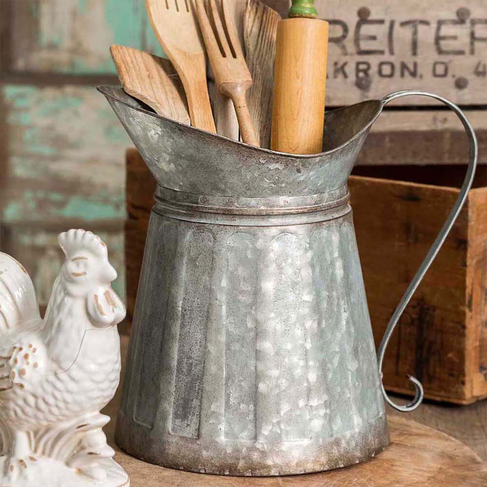 Vintage Farmhouse Galvanized Metal Pitcher Utensil Holder (Set of 2)-Pitcher-Parc Decor