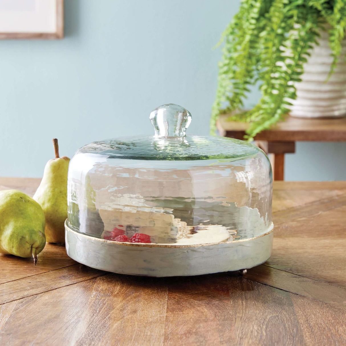 Vintage Hammered Glass Cloche with Green Enamel Tray-Cloche-Parc Decor