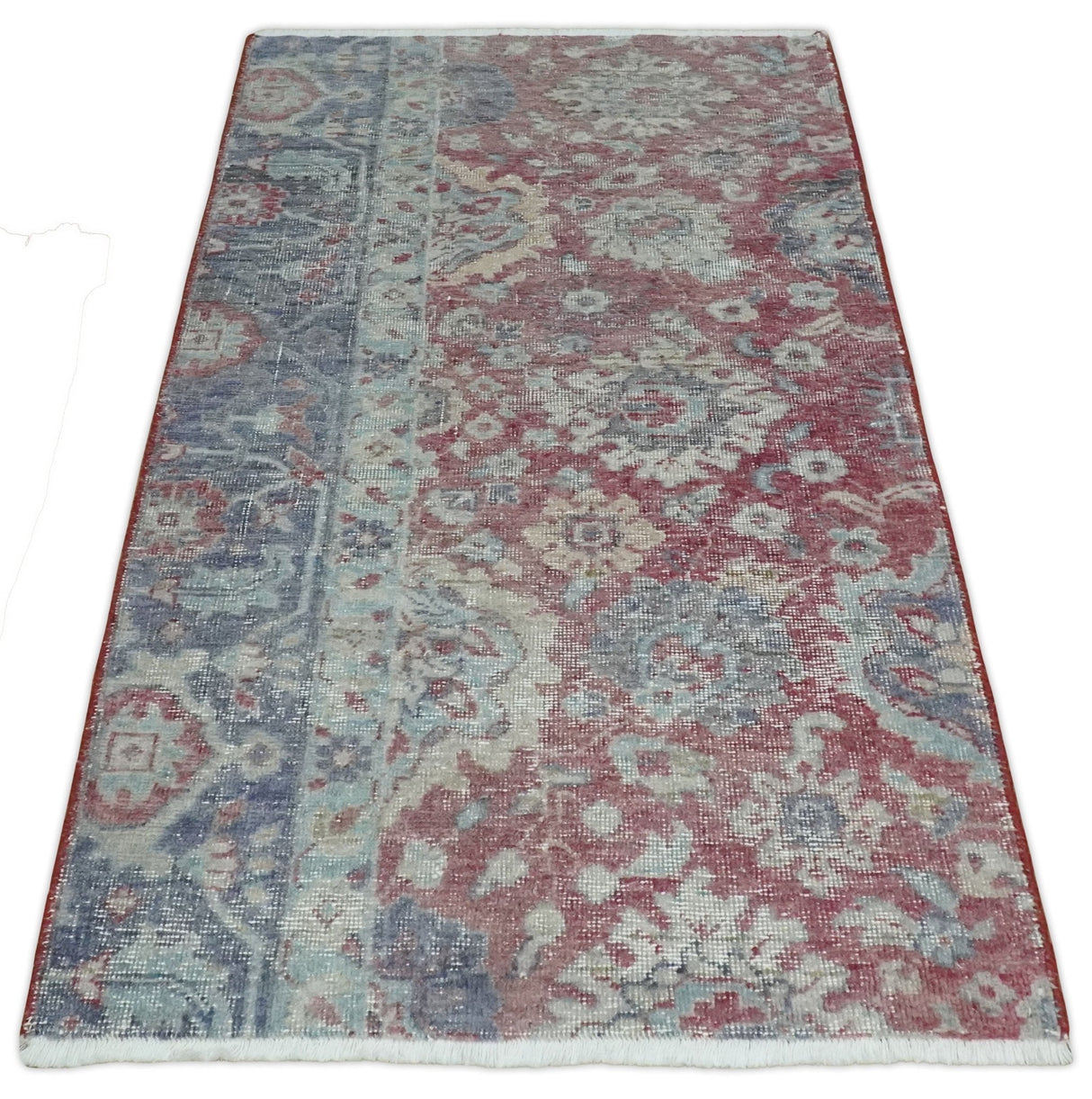 Vintage Hand Knotted 2x4 Maroon and Blue Traditional Oxidized Textured Wool Rug