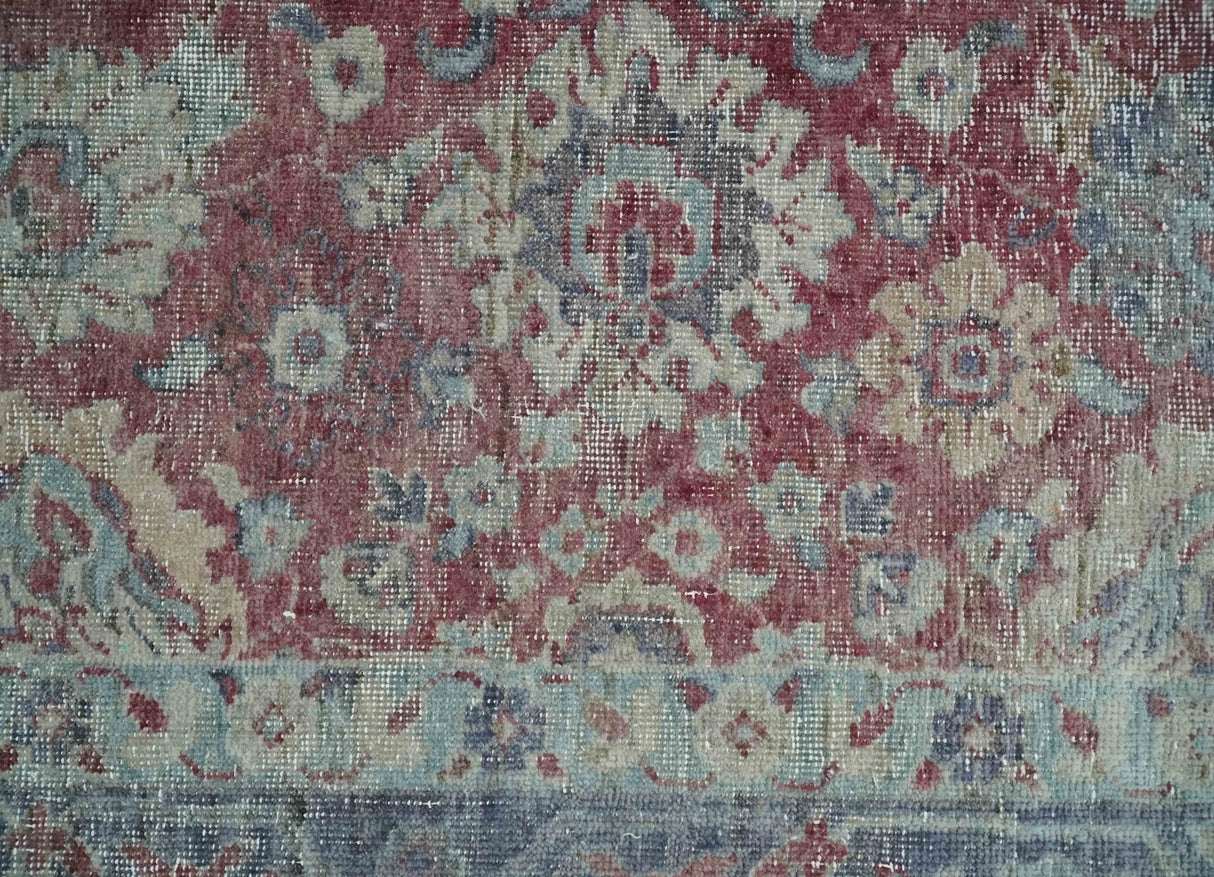 Vintage Hand Knotted 2x4 Maroon and Blue Traditional Oxidized Textured Wool Rug