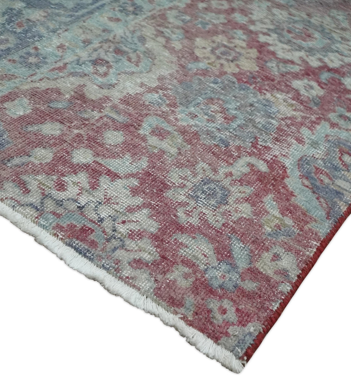 Vintage Hand Knotted 2x4 Maroon and Blue Traditional Oxidized Textured Wool Rug