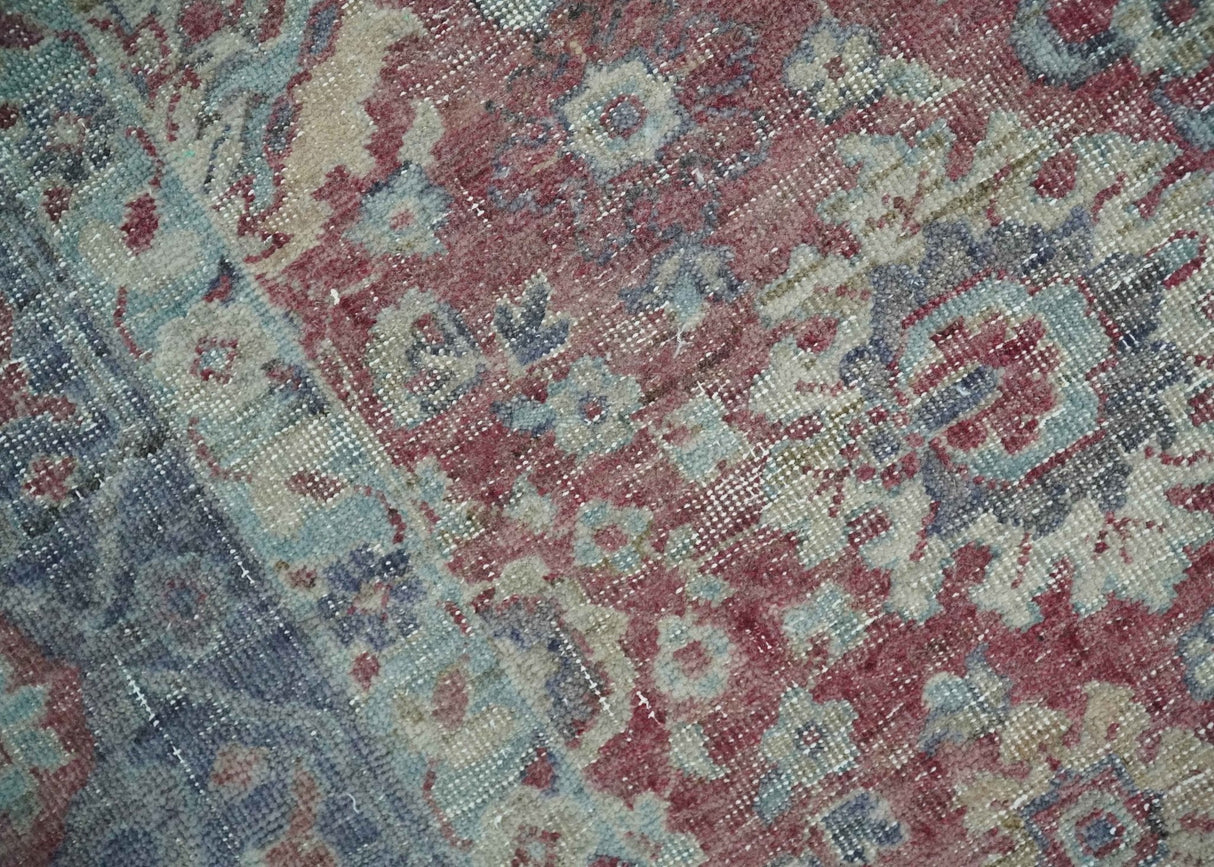Vintage Hand Knotted 2x4 Maroon and Blue Traditional Oxidized Textured Wool Rug