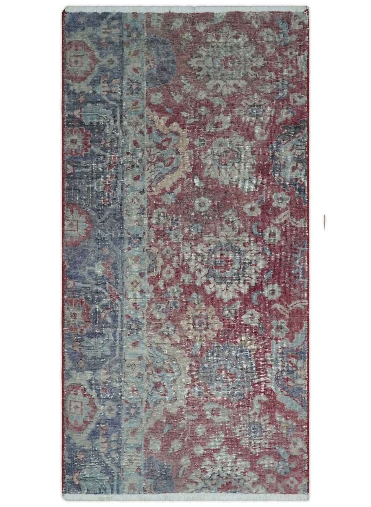 Vintage Hand Knotted 2x4 Maroon and Blue Traditional Oxidized Textured Wool Rug