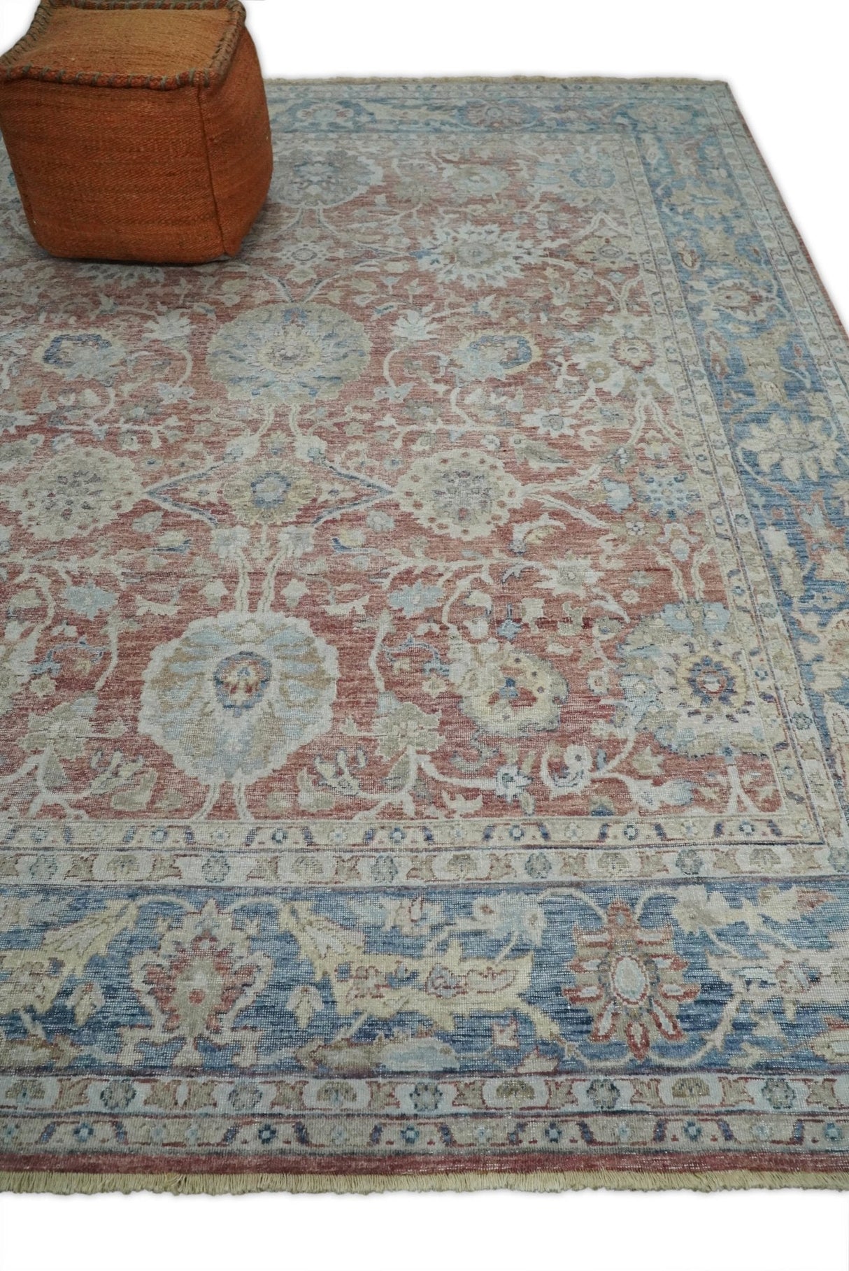 Vintage Hand Knotted 8x10 Rust and Blue Traditional Oxidized Textured Persian Low Pile Wool Rug | TRD2601