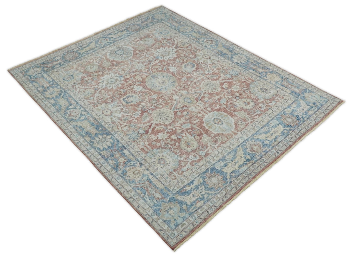 Vintage Hand Knotted 8x10 Rust and Blue Traditional Oxidized Textured Persian Low Pile Wool Rug | TRD2601