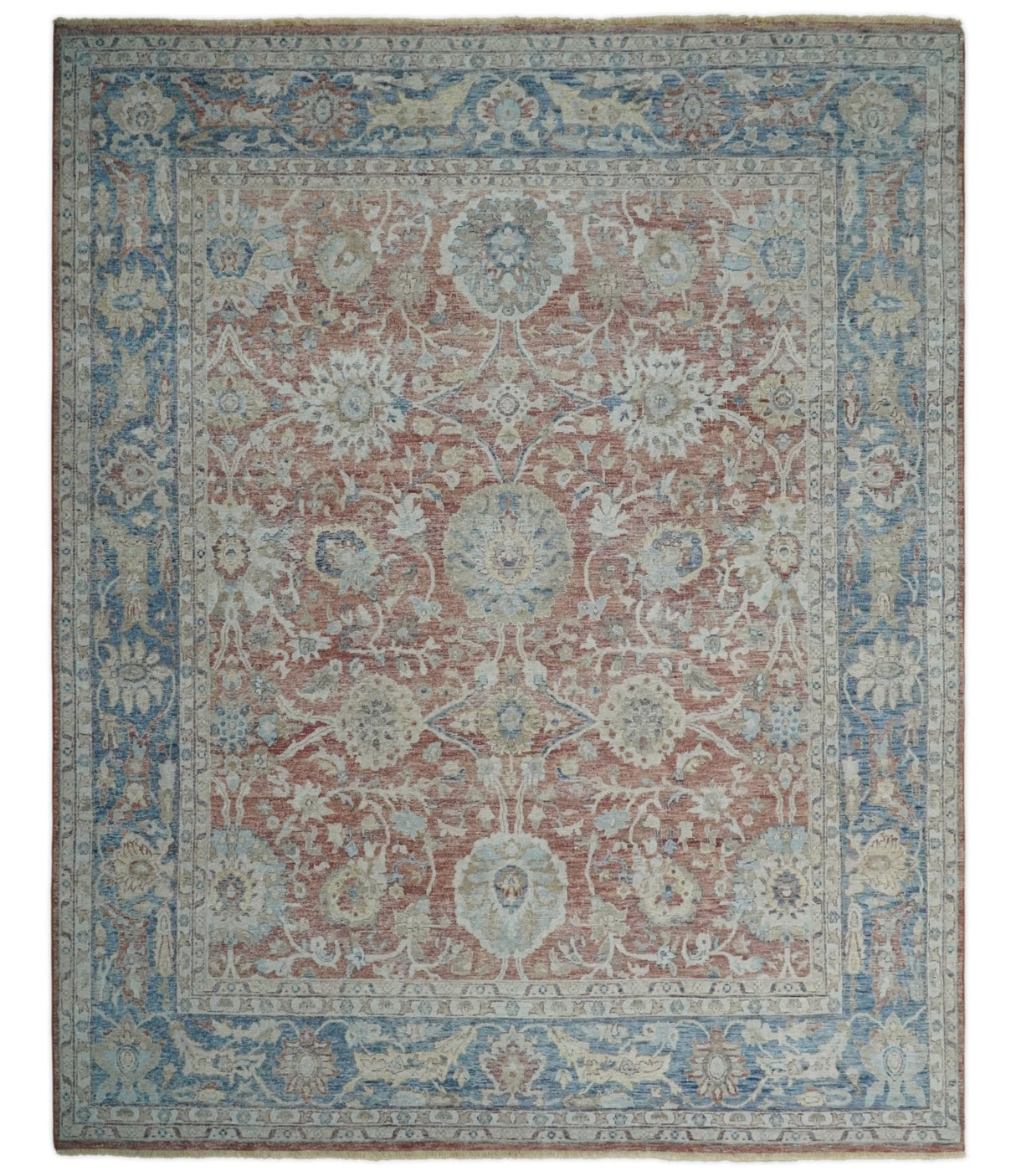 Vintage Hand Knotted 8x10 Rust and Blue Traditional Oxidized Textured Persian Low Pile Wool Rug | TRD2601