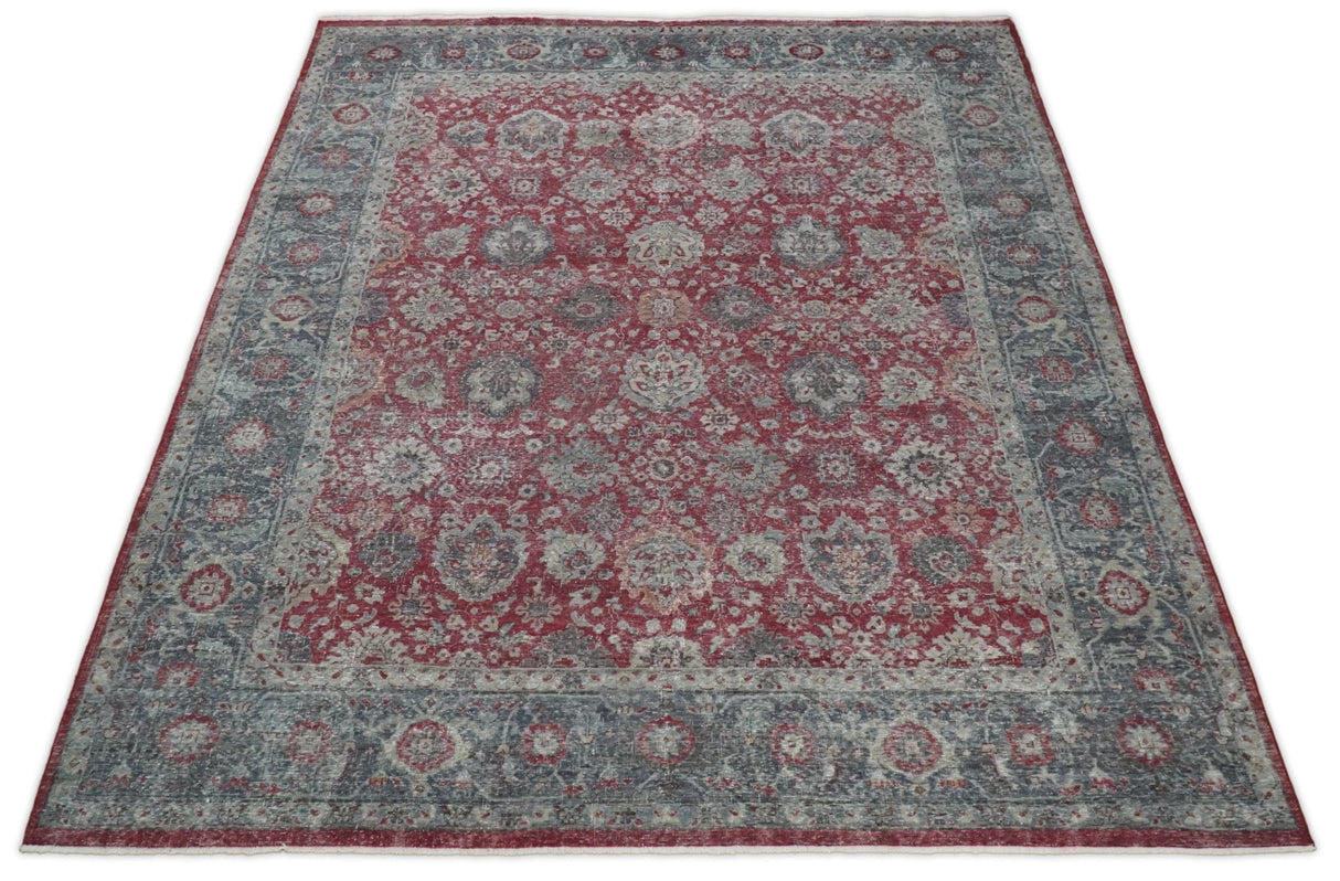 Vintage Hand Knotted 8x10 Traditional Gray And Red Oxidized Pile Wool Rug