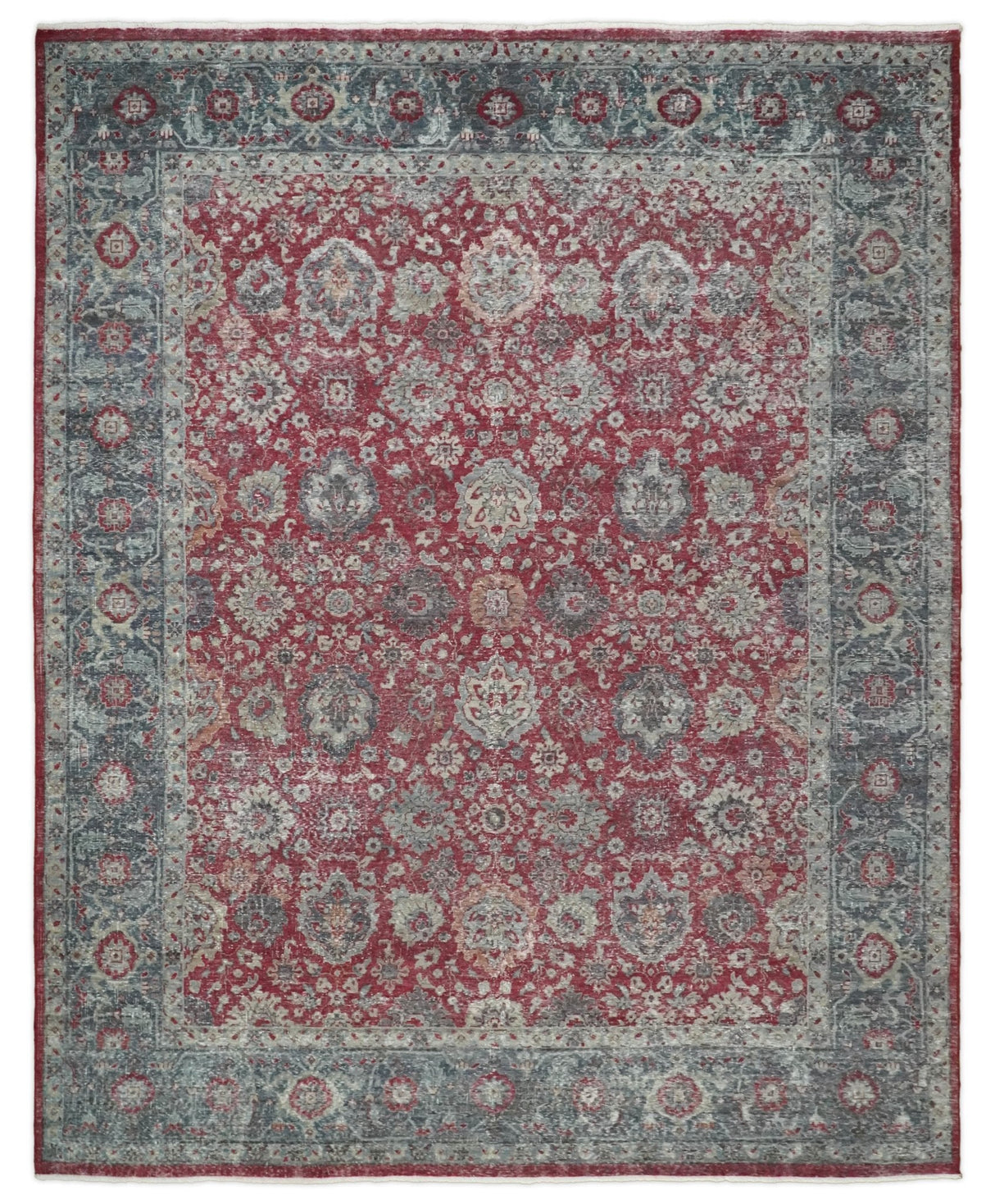 Vintage Hand Knotted 8x10 Traditional Gray And Red Oxidized Pile Wool Rug