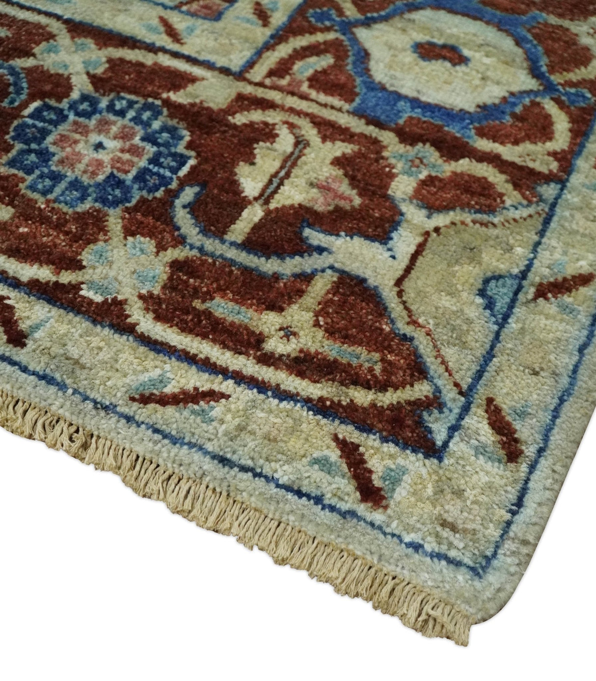 Vintage Style Beige, Aqua and Brown Hand Knotted Traditional Heriz 8x10 wool area Rug
