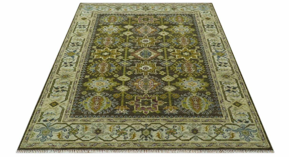 Vintage Style Earthy Green and Silver Traditional Hand Knotted Multi Size wool area rug