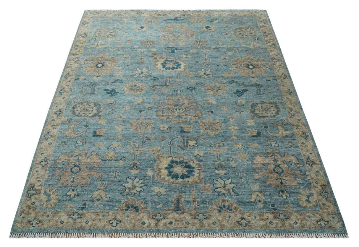 Vintage Style Light Blue and Brown Hand knotted Oushak Multi Size wool Area Rug