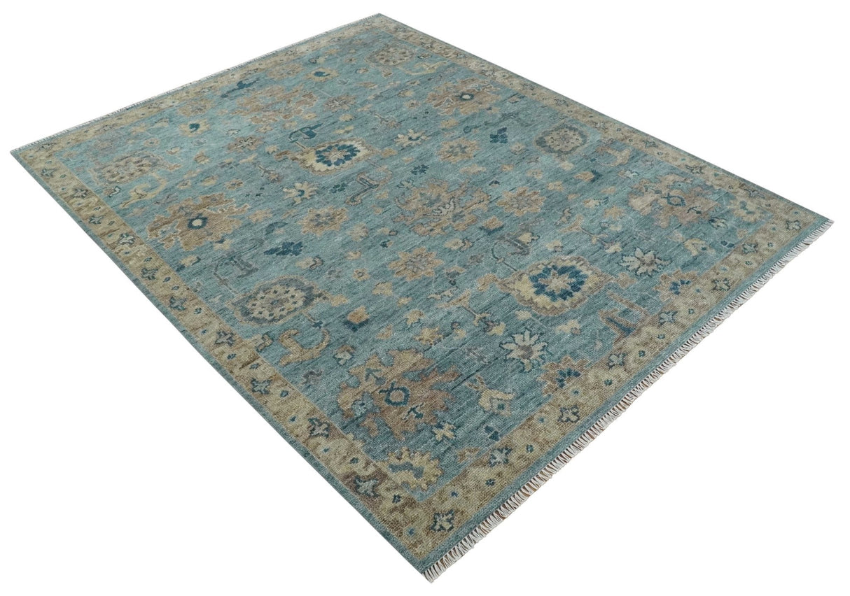 Vintage Style Light Blue and Brown Hand knotted Oushak Multi Size wool Area Rug