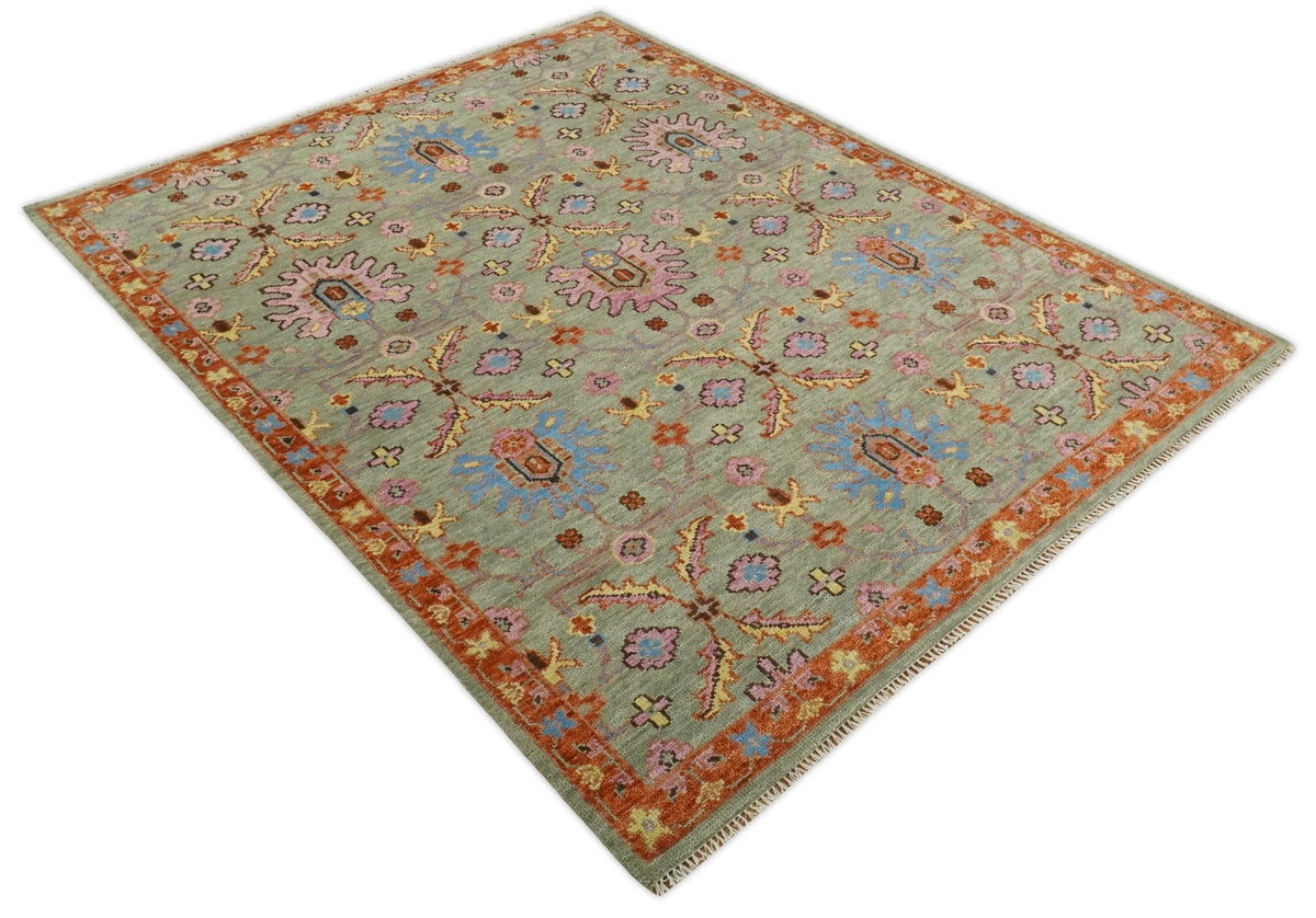 Vintage Style Rust, Pink and Blue Hand Knotted Traditional Oushak Multi Size wool Area Rug