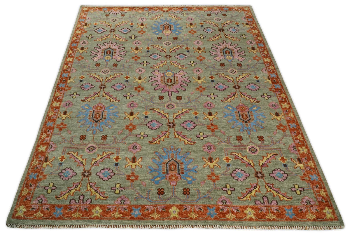 Vintage Style Rust, Pink and Blue Hand Knotted Traditional Oushak Multi Size wool Area Rug