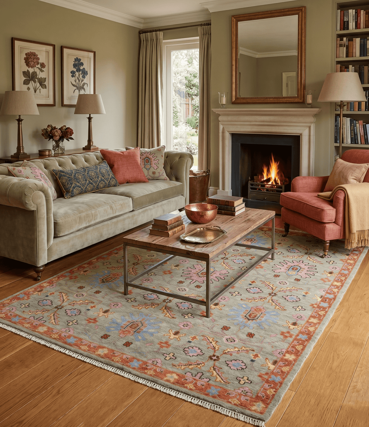 Vintage Style Rust, Pink and Blue Hand Knotted Traditional Oushak Multi Size wool Area Rug
