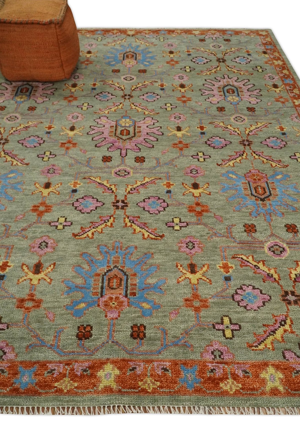 Vintage Style Rust, Pink and Blue Hand Knotted Traditional Oushak Multi Size wool Area Rug