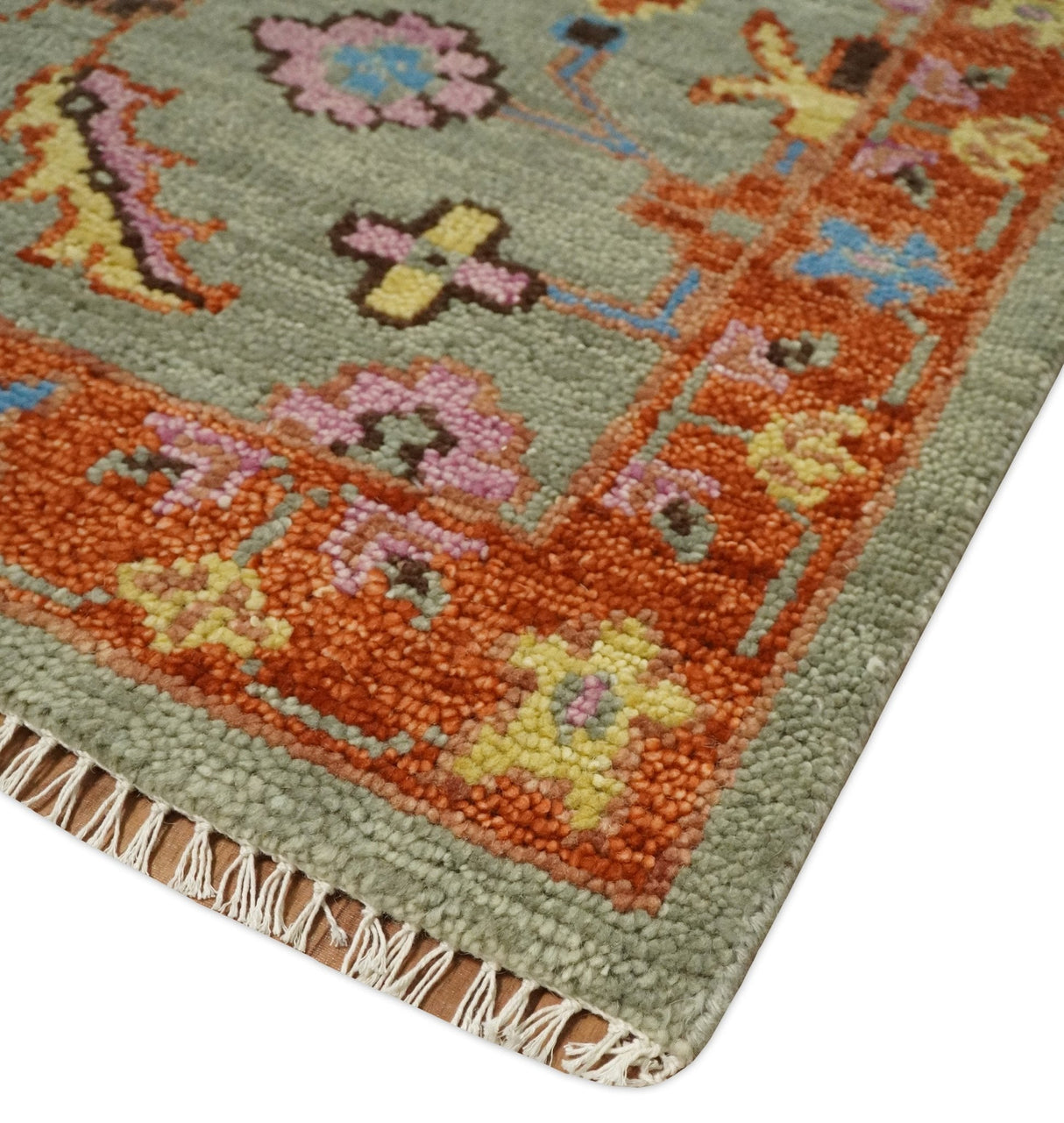 Vintage Style Rust, Pink and Blue Hand Knotted Traditional Oushak Multi Size wool Area Rug