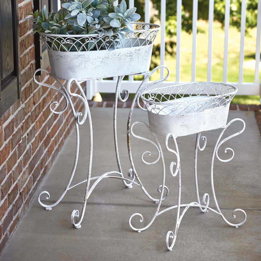 Vintage White Metal Planters with Scrolled Stands (Set of 2)-Planters-Parc Decor