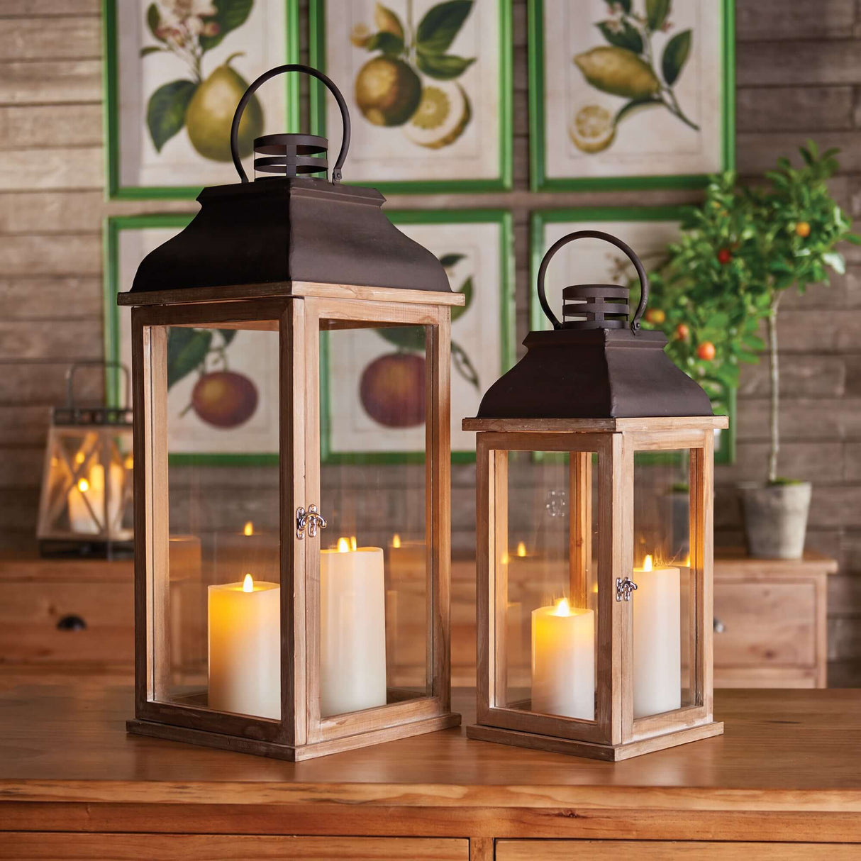 Vintage Wood and Metal Lantern Set with Glass Panels (Set of 2)-Candle Holder-Parc Decor