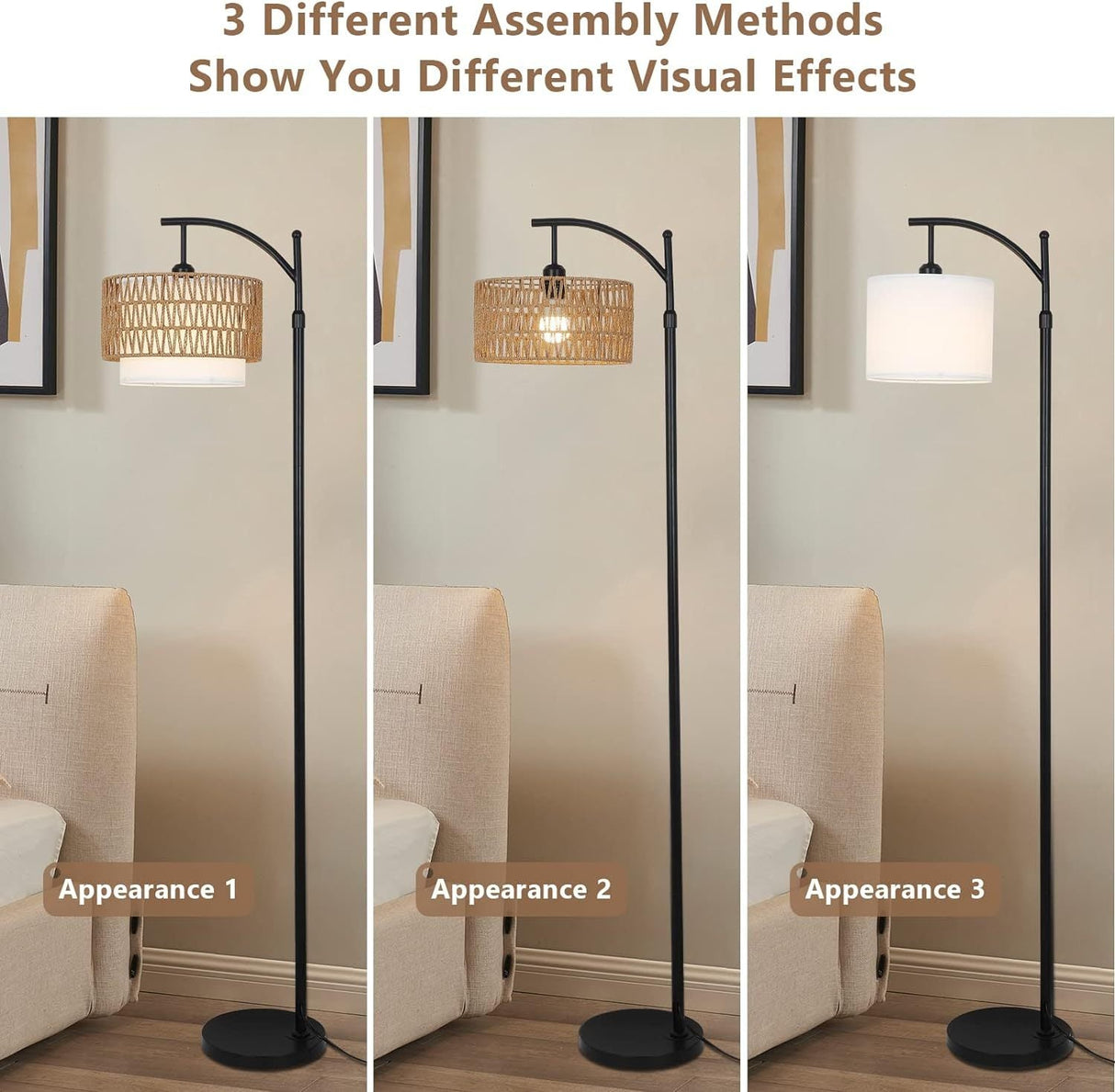 Walker Edison | Boho Arc Floor Lamp for Living Room with 3 Color Temperatures