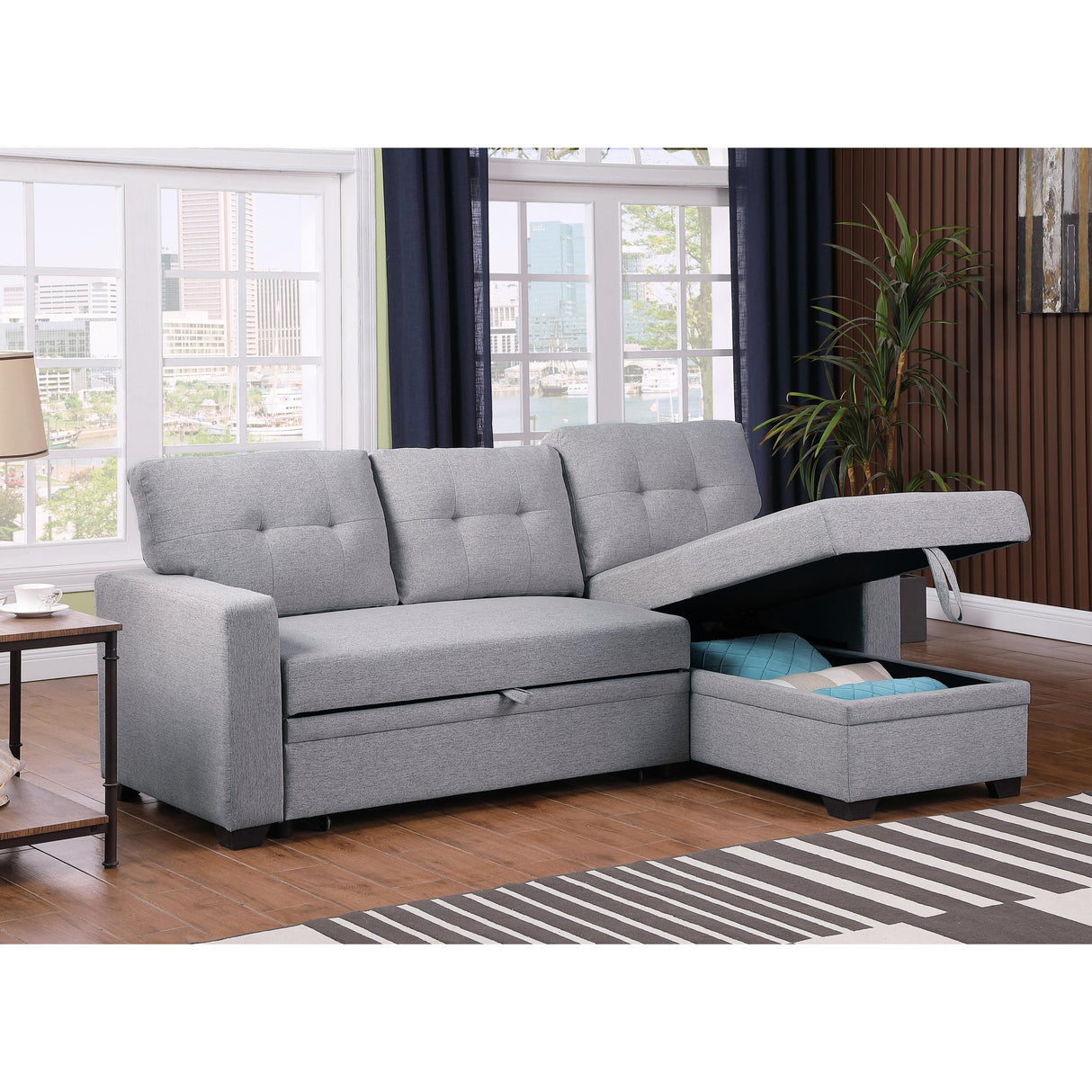Walker Edison | Linen Pull Out Sectional Sofa with Storage Chaise