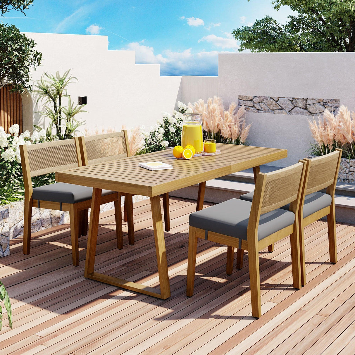 Walker Edison | Outdoor Acacia Wood Dining Table and Chair Set