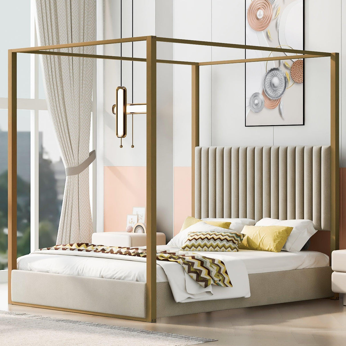 Walker Edison | Queen Size Upholstery Canopy Platform Bed