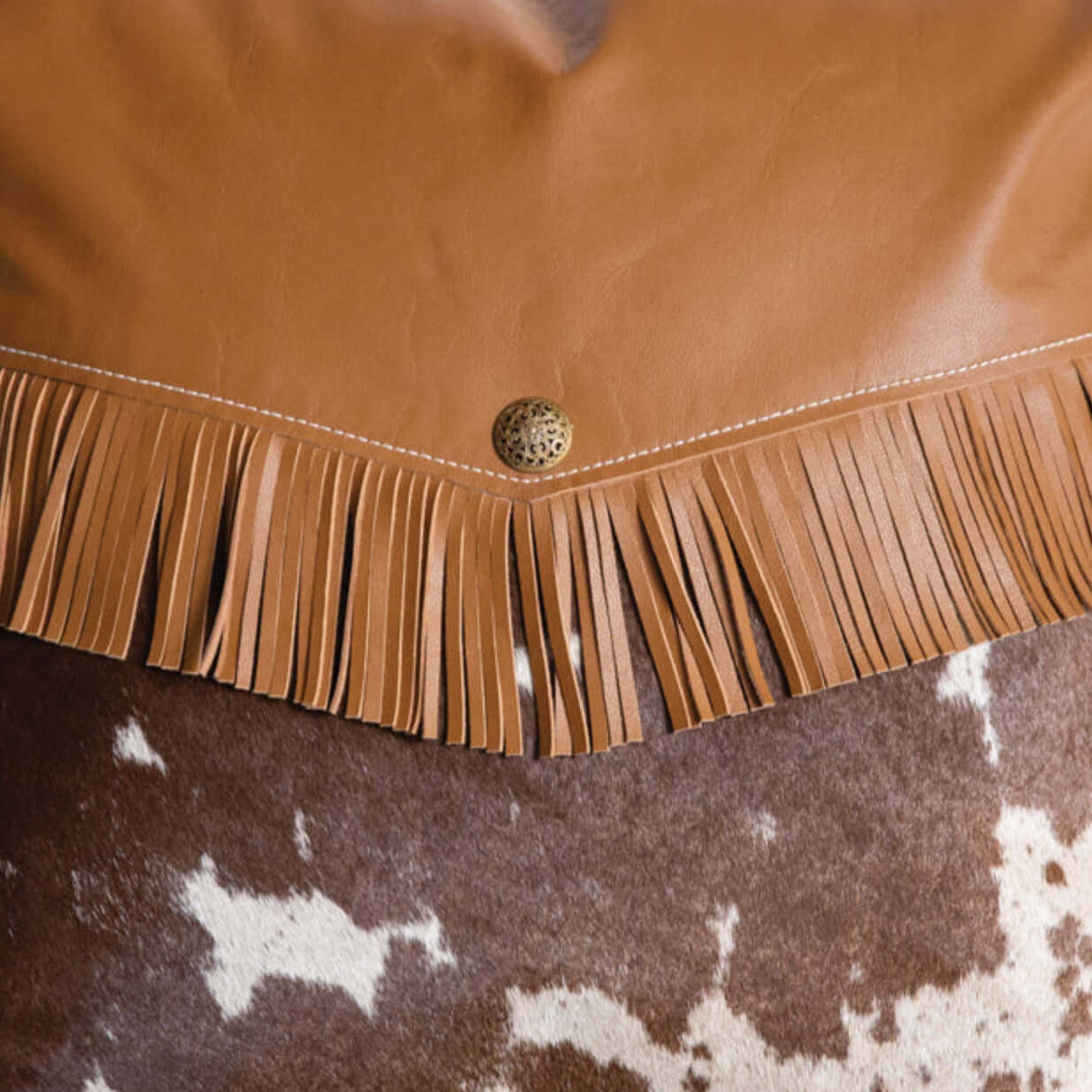 Western Cowhide Pillow with Leather Fringe-Pillow-Parc Decor